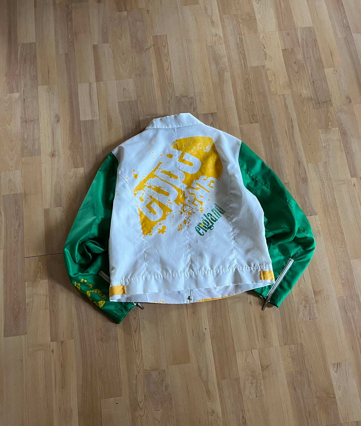 Y2K Green, White & Yellow Eppe Jeans Cyber Punk Splash Graphic Zip-Up Windbreaker (XS)