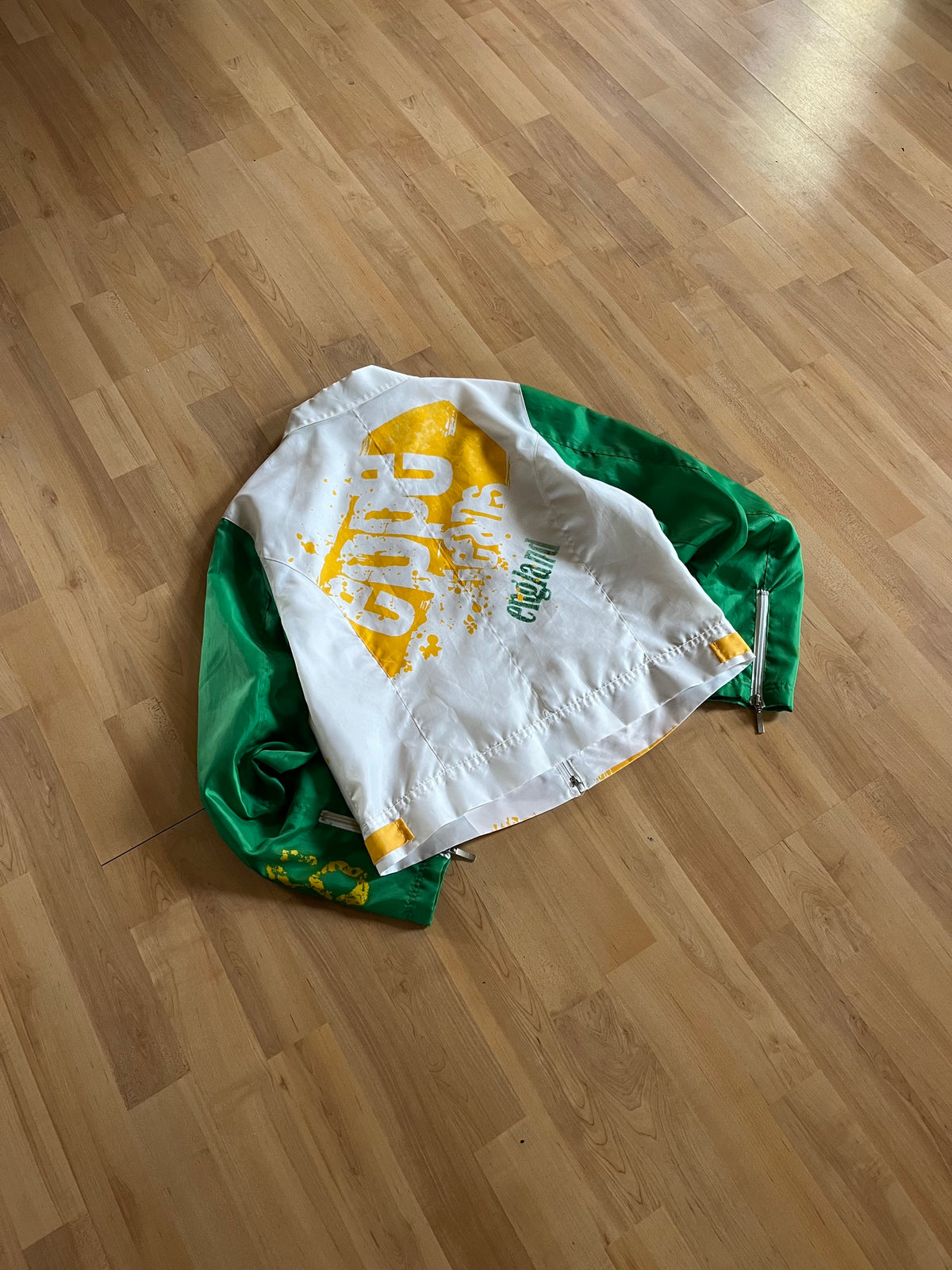 Y2K Green, White & Yellow Eppe Jeans Cyber Punk Splash Graphic Zip-Up Windbreaker (XS)