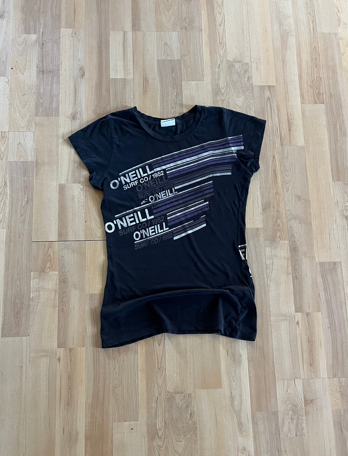 Y2K Black Linear Stripe O'Neill Surf Co Graphic Womens T-Shirt (S)