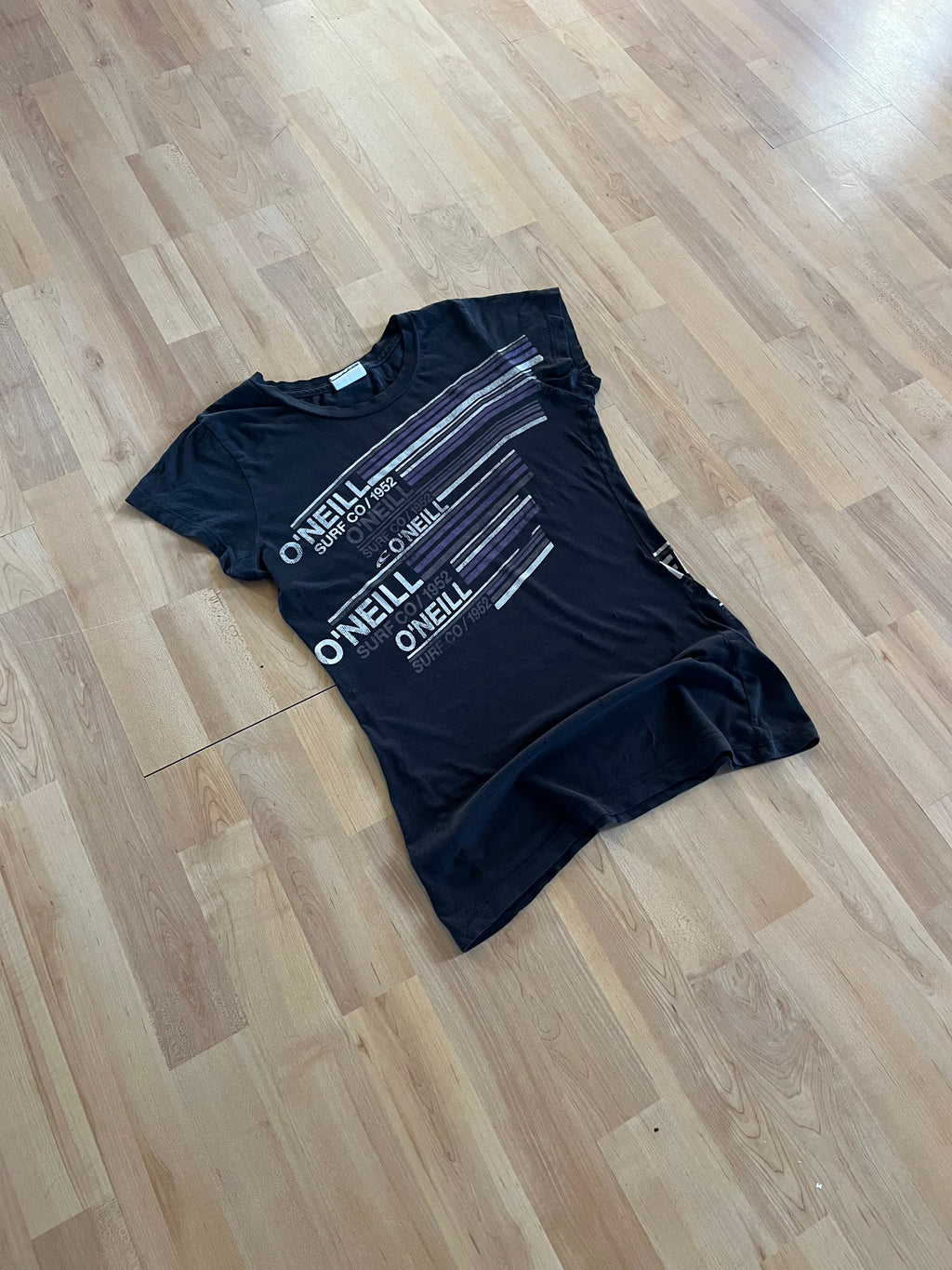 Y2K Black Linear Stripe O'Neill Surf Co Graphic Womens T-Shirt (S)