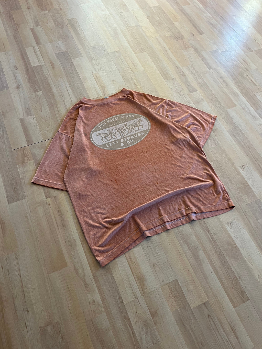 90s Faded Terracotta Orange  Levi's Two Horse Brand Oval Graphic T-Shirt (XL)