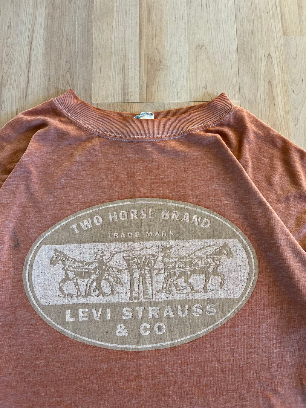 90s Faded Terracotta Orange  Levi's Two Horse Brand Oval Graphic T-Shirt (XL)