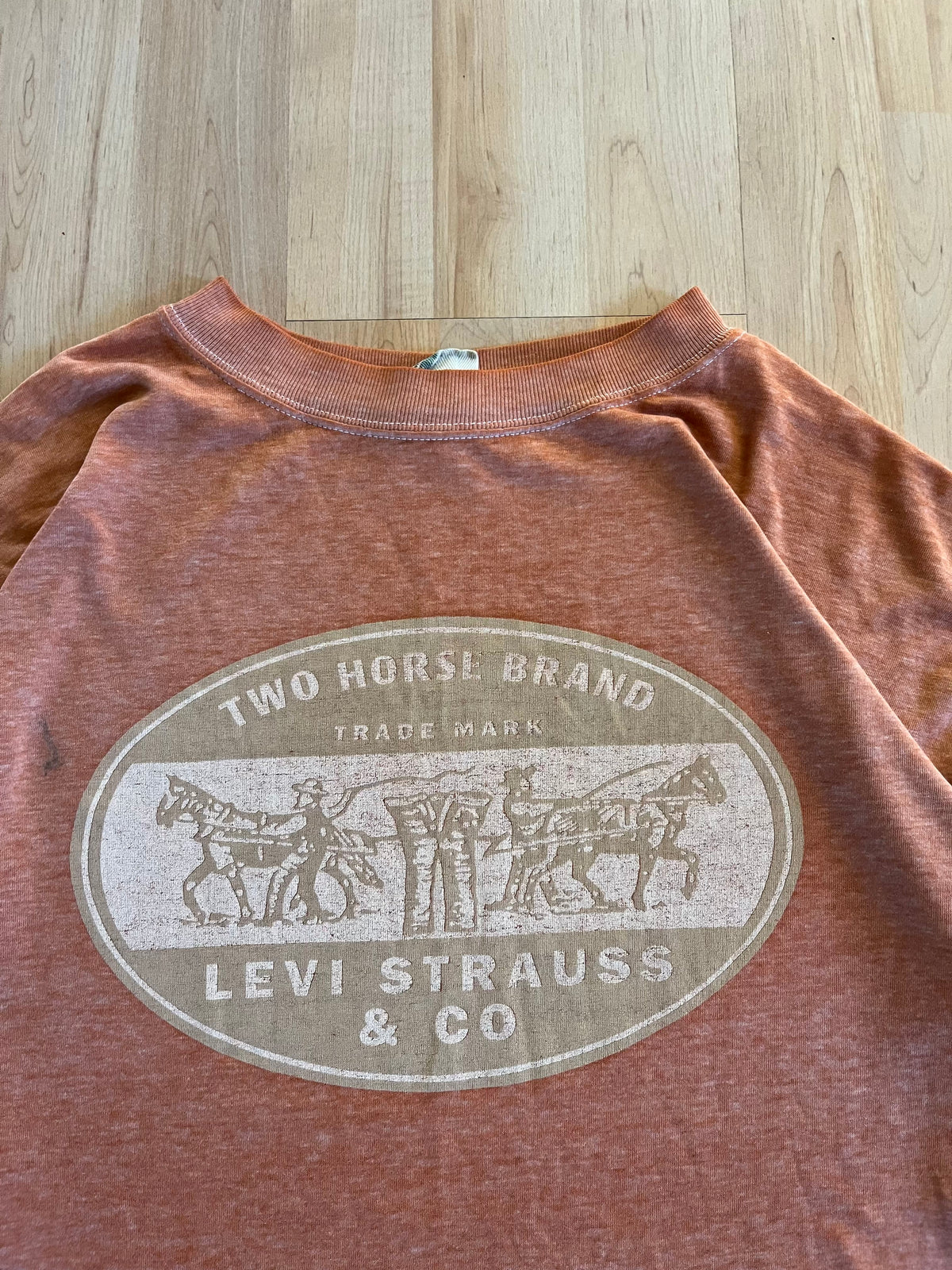 90s Faded Terracotta Orange  Levi's Two Horse Brand Oval Graphic T-Shirt (XL)