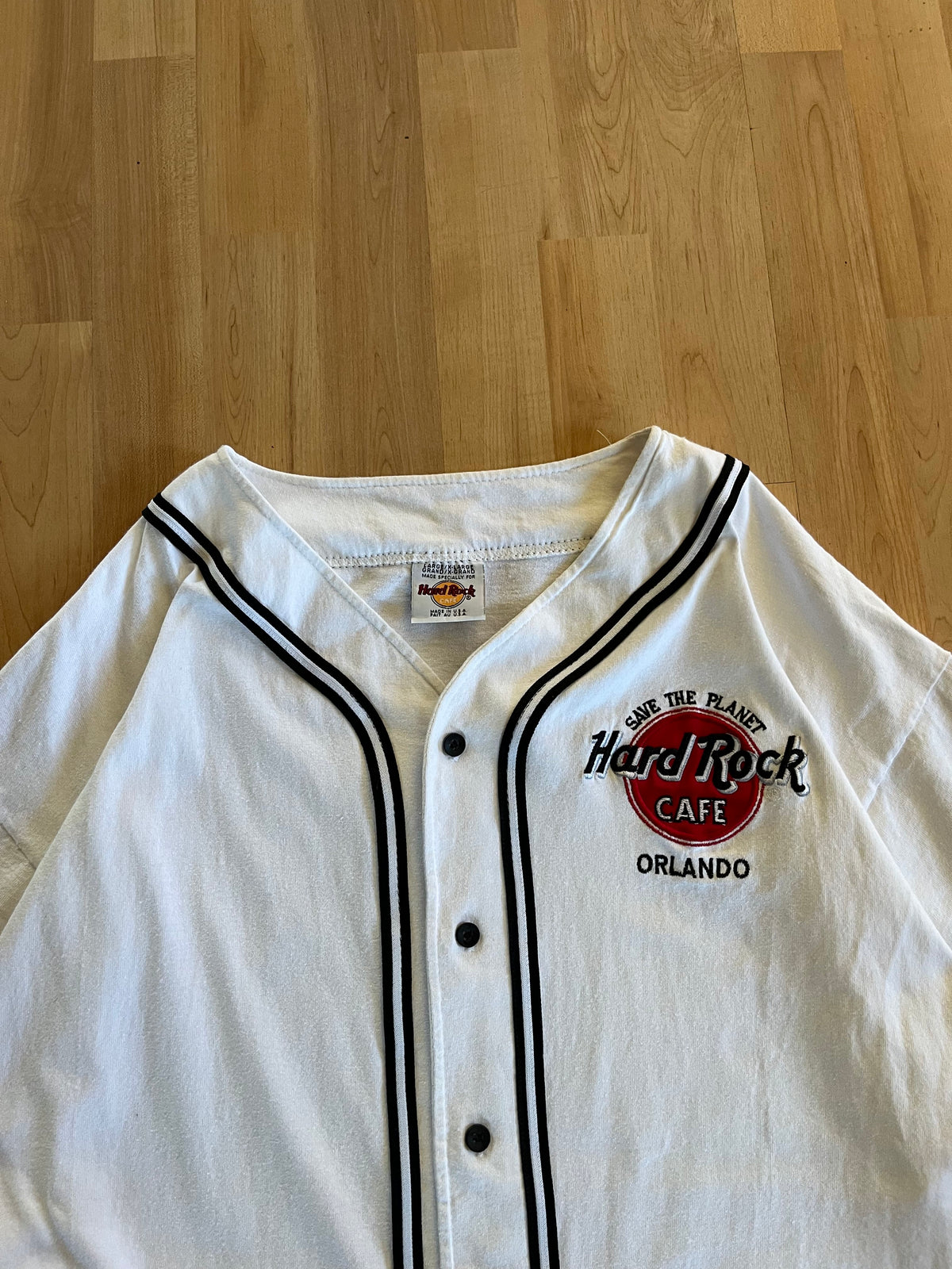 90s White & Black Piping Hard Rock Cafe Orlando Button-Up Shirt (XL)