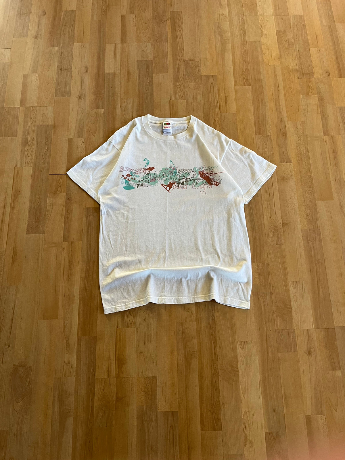 00s White Budweiser Surfwear Abstract Spellout Heavyweight Graphic T-Shirt (L)