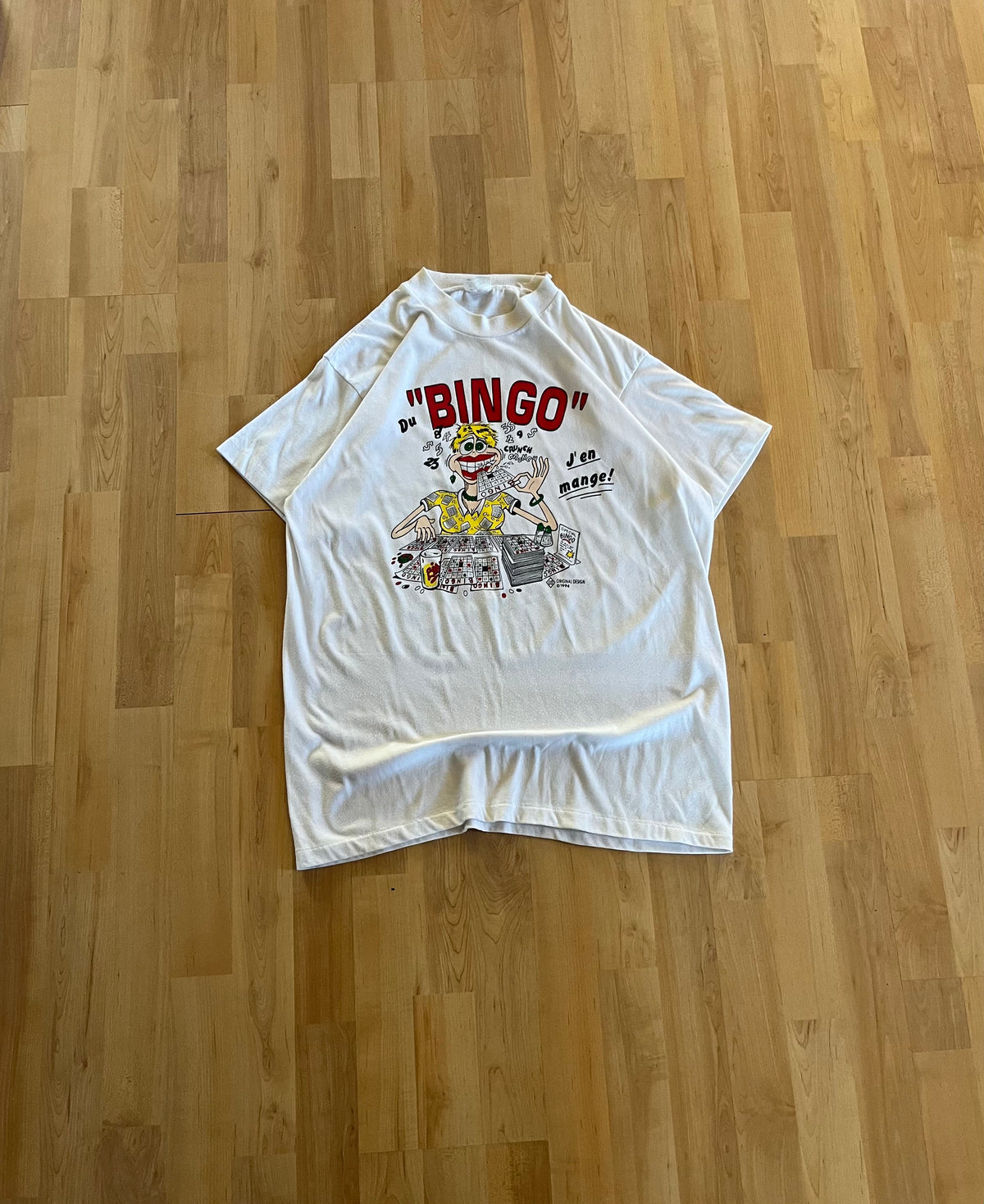 1994 White Single Stitch "Bingo J'en Mange!" Humorous Heavyweight Graphic T-Shirt (L)
