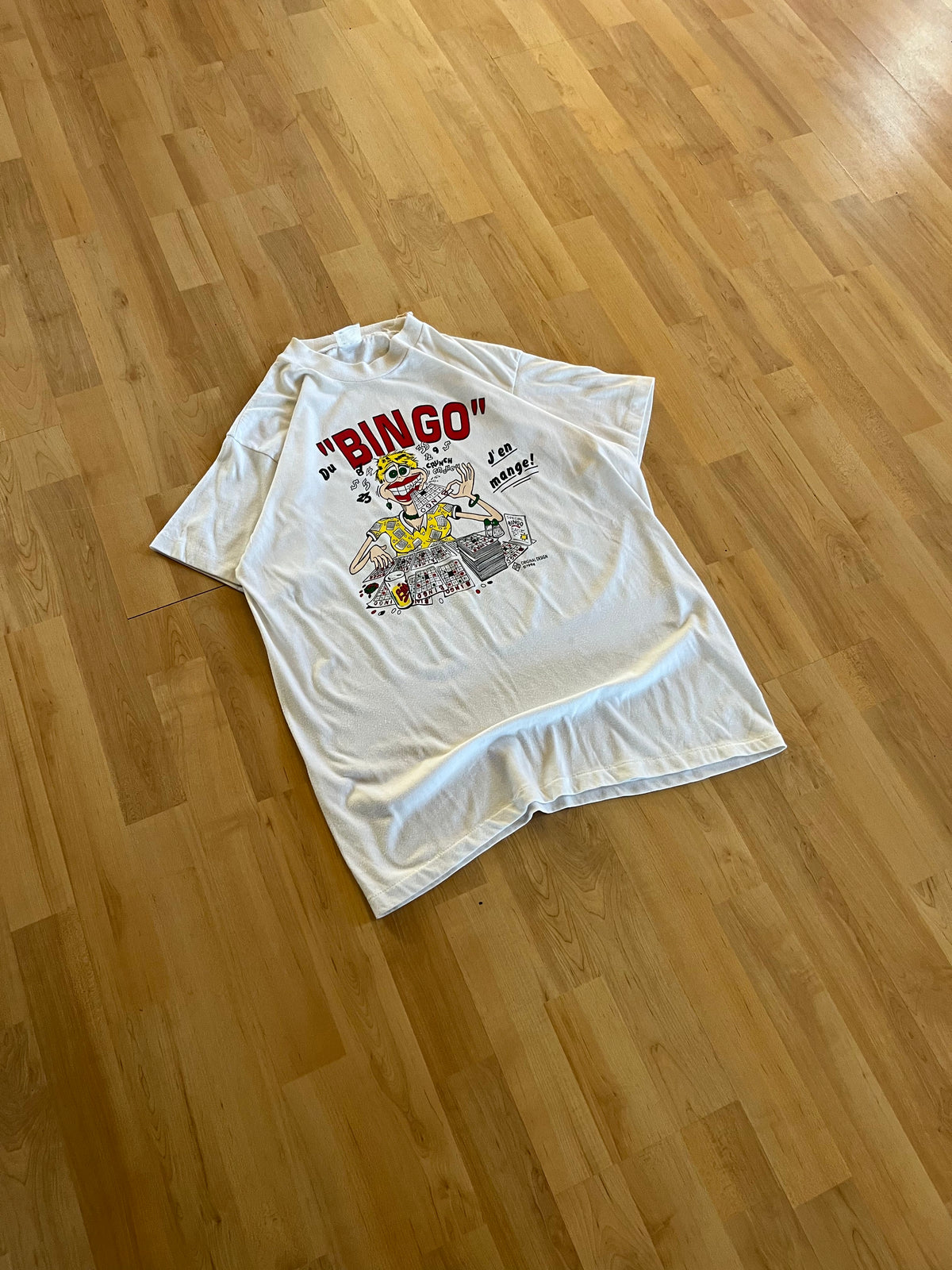 1994 White Single Stitch "Bingo J'en Mange!" Humorous Heavyweight Graphic T-Shirt (L)