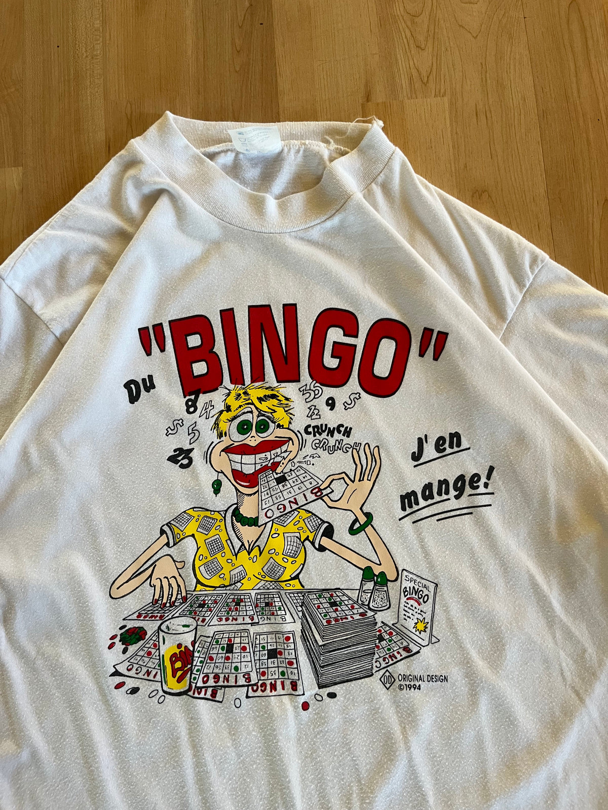 1994 White Single Stitch "Bingo J'en Mange!" Humorous Heavyweight Graphic T-Shirt (L)