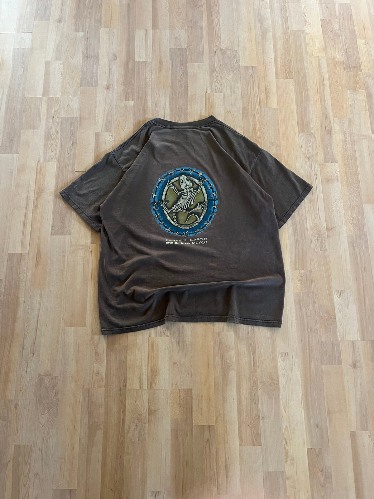00s Brown Faded Heavyweight Riviera Maya Fossilized Lizard Skeleton Graphic T-Shirt (XL)