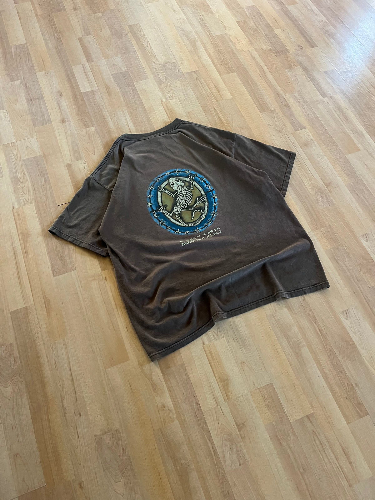 00s Brown Faded Heavyweight Riviera Maya Fossilized Lizard Skeleton Graphic T-Shirt (XL)