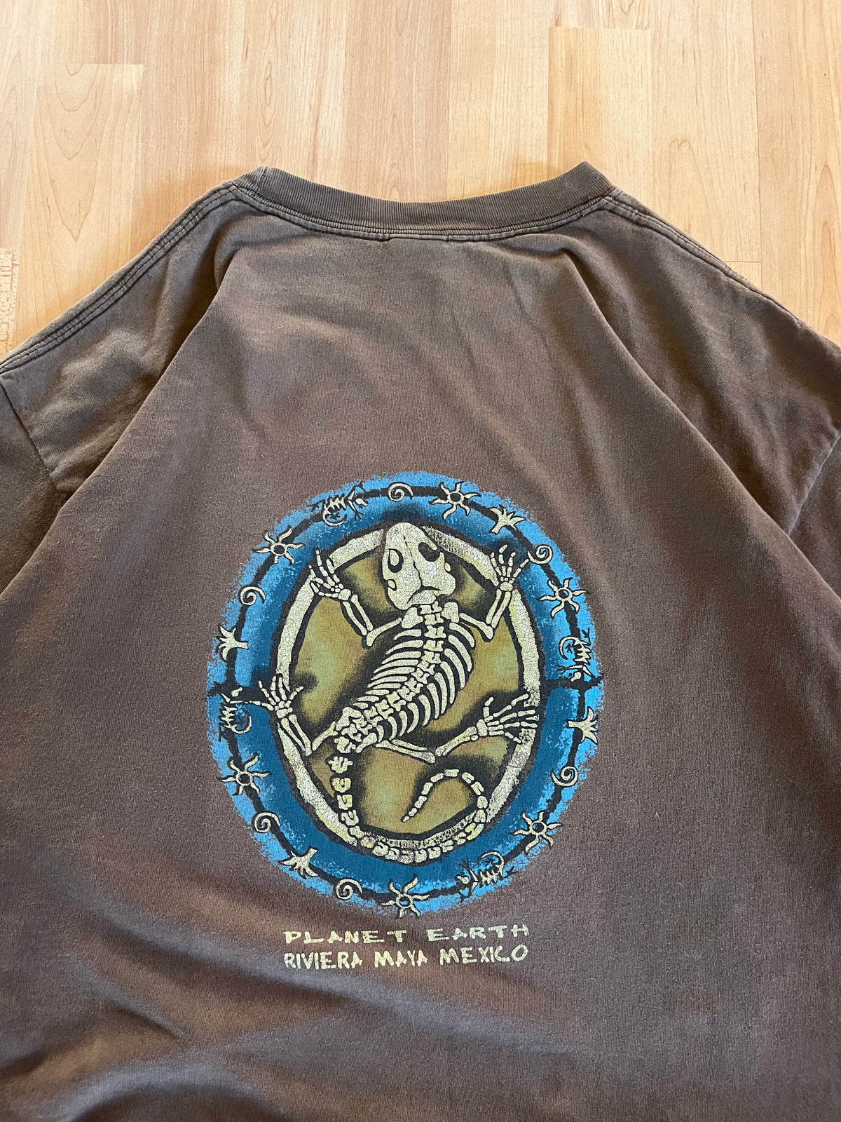 00s Brown Faded Heavyweight Riviera Maya Fossilized Lizard Skeleton Graphic T-Shirt (XL)