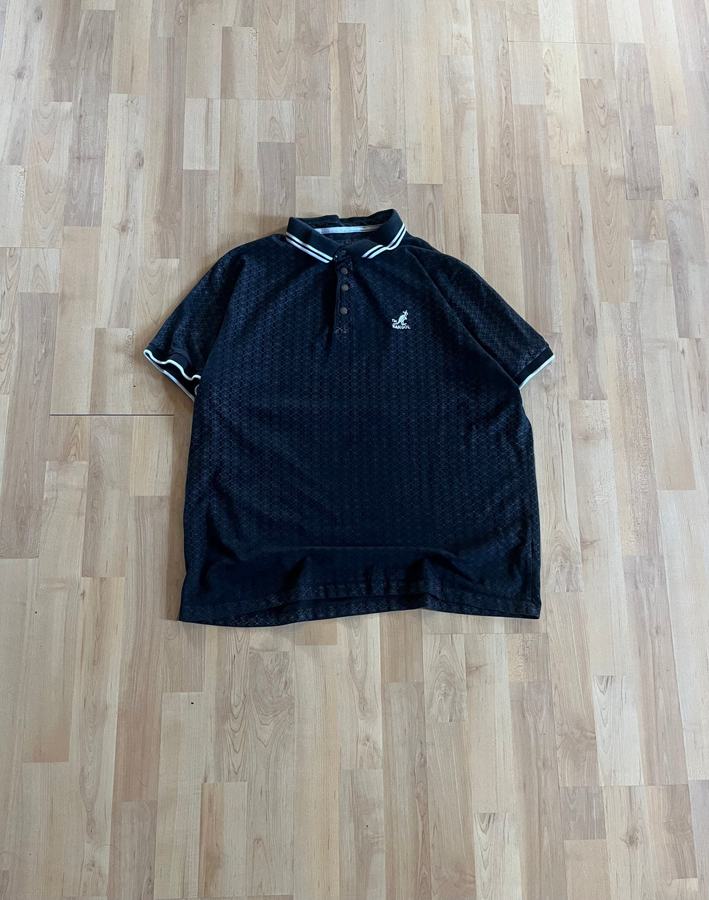 00s Black Geometric Pattern Kangol Embroidered Polo Shirt (M)