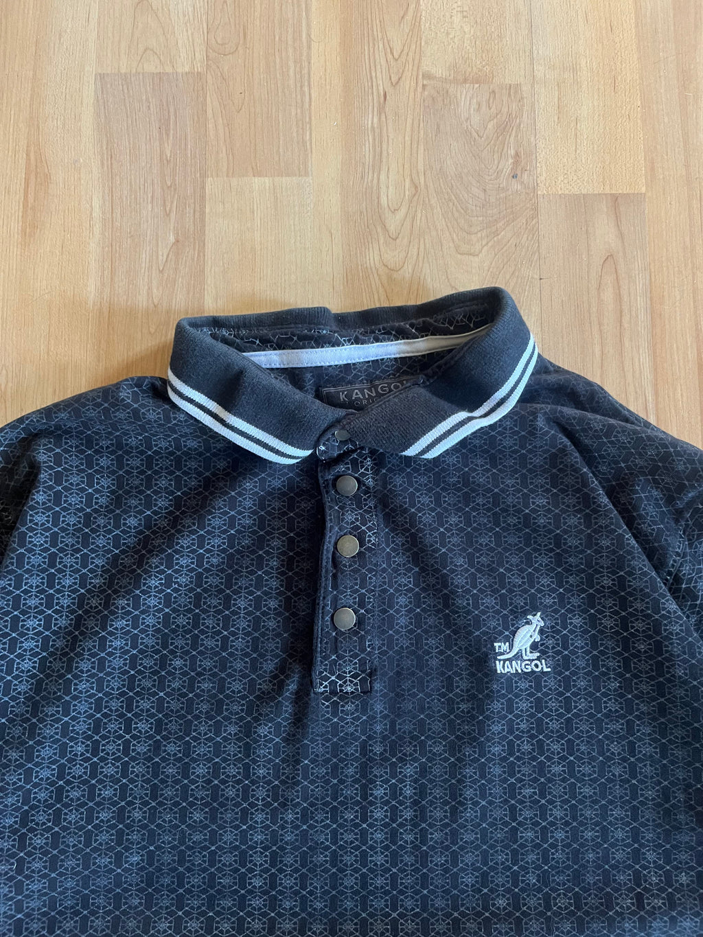 00s Black Geometric Pattern Kangol Embroidered Polo Shirt (M)