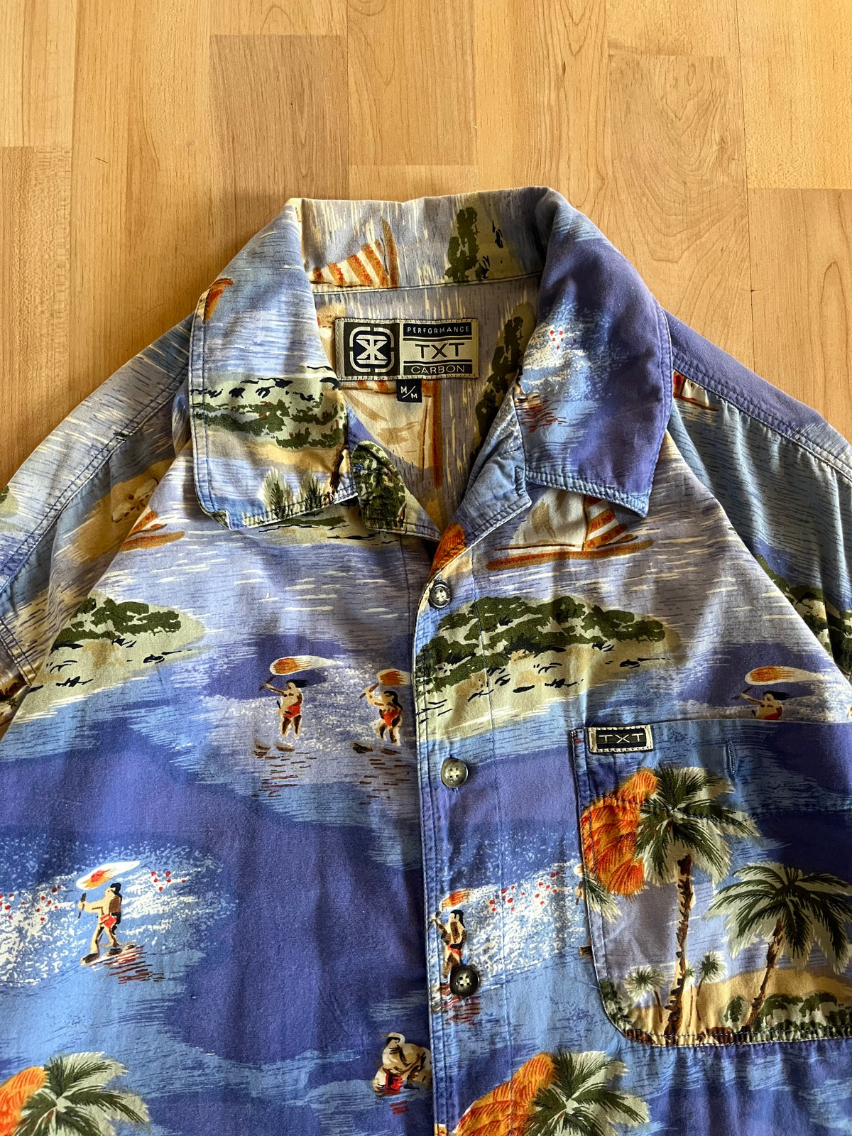 00s Blue Tropical Print TXT Hawaiian Button-Up Shirt (L)