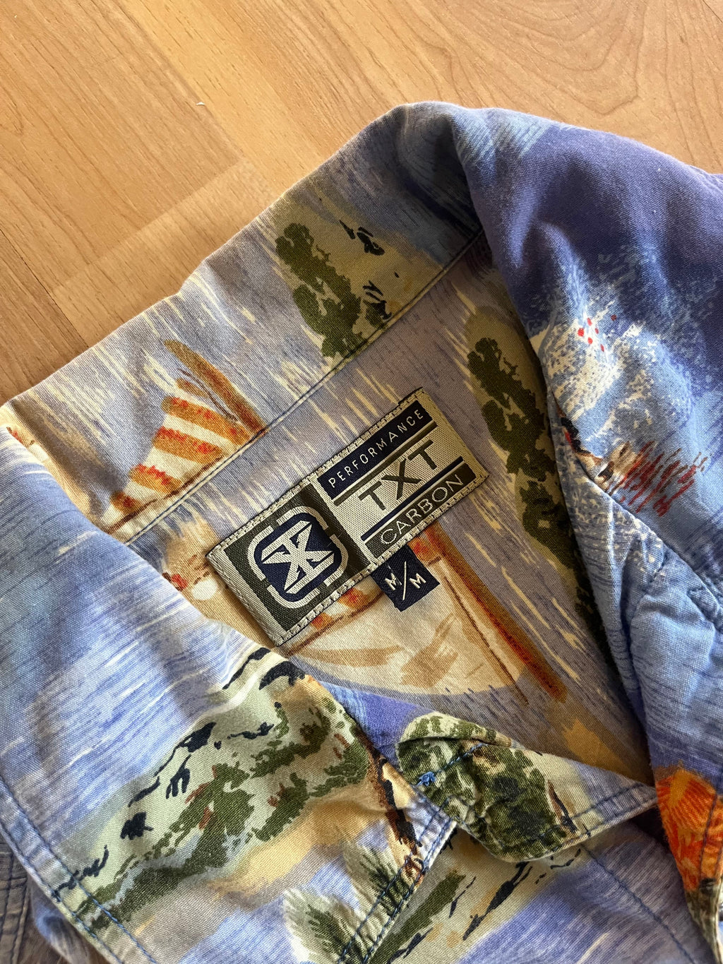 00s Blue Tropical Print TXT Hawaiian Button-Up Shirt (L)