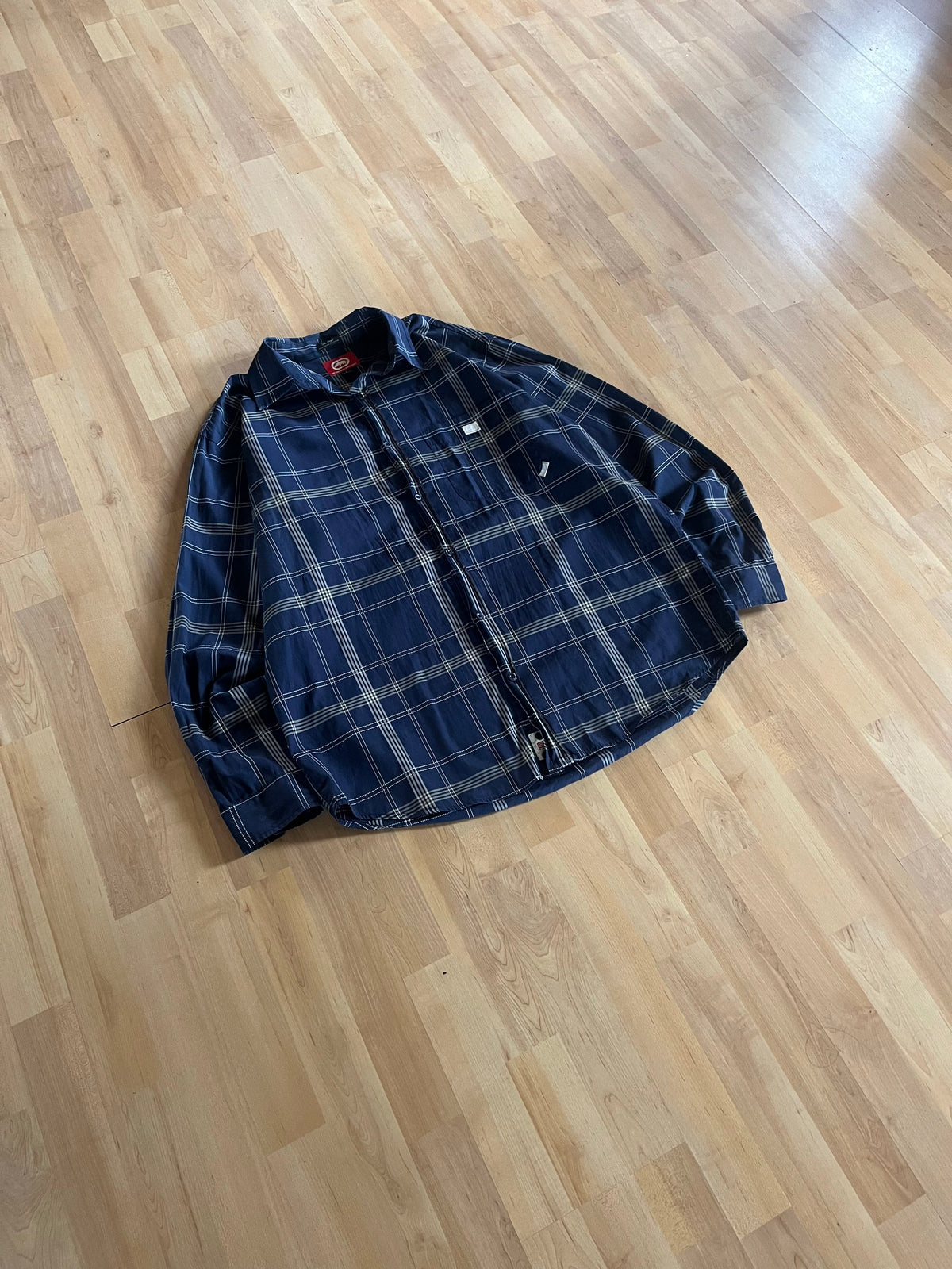 Y2K Navy & Beige Plaid ECKO Unltd Button-Up Shirt (XL)