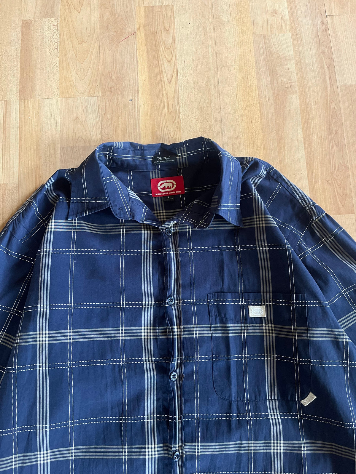 Y2K Navy & Beige Plaid ECKO Unltd Button-Up Shirt (XL)