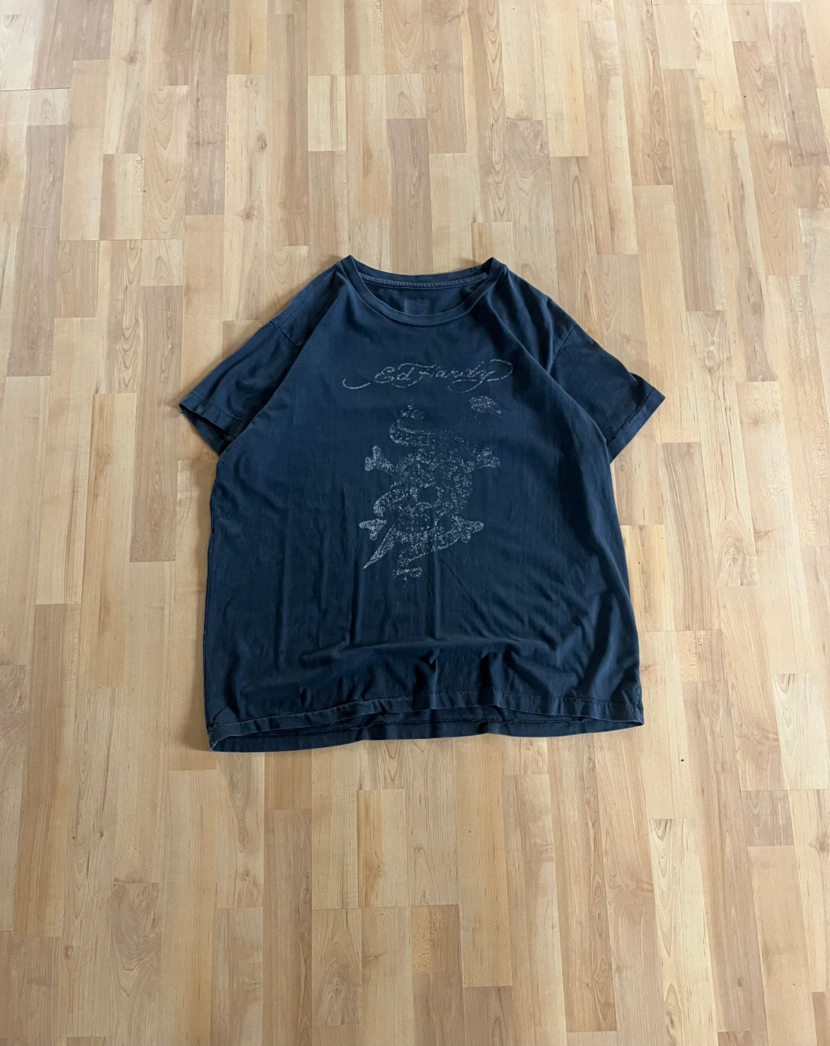 Y2K Black Single Stitch Faded Ed Hardy Skull Graphic T-Shirt (L)