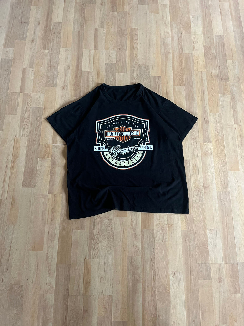 00s Black Harley-Davidson Orange Shield Genuine Motorcycles Graphic T-Shirt (XL)