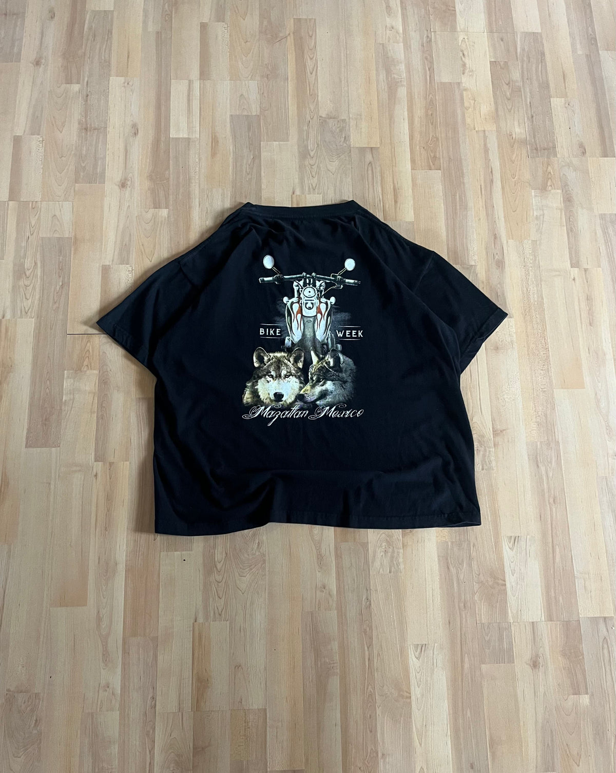 00s Black Bike Week Mazatlan Mexico Wolf Motorcycle Graphic T-Shirt (L)