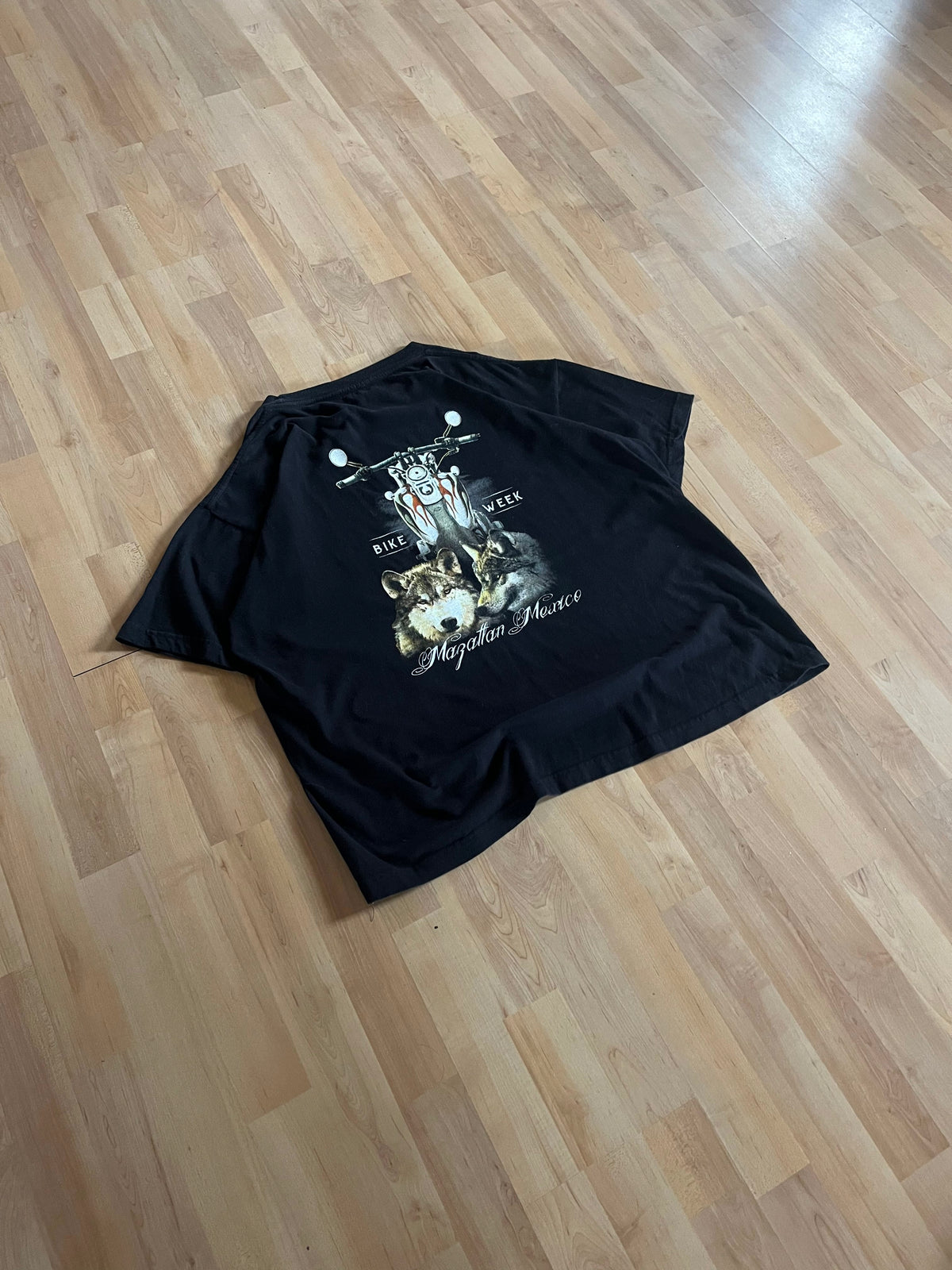 00s Black Bike Week Mazatlan Mexico Wolf Motorcycle Graphic T-Shirt (L)