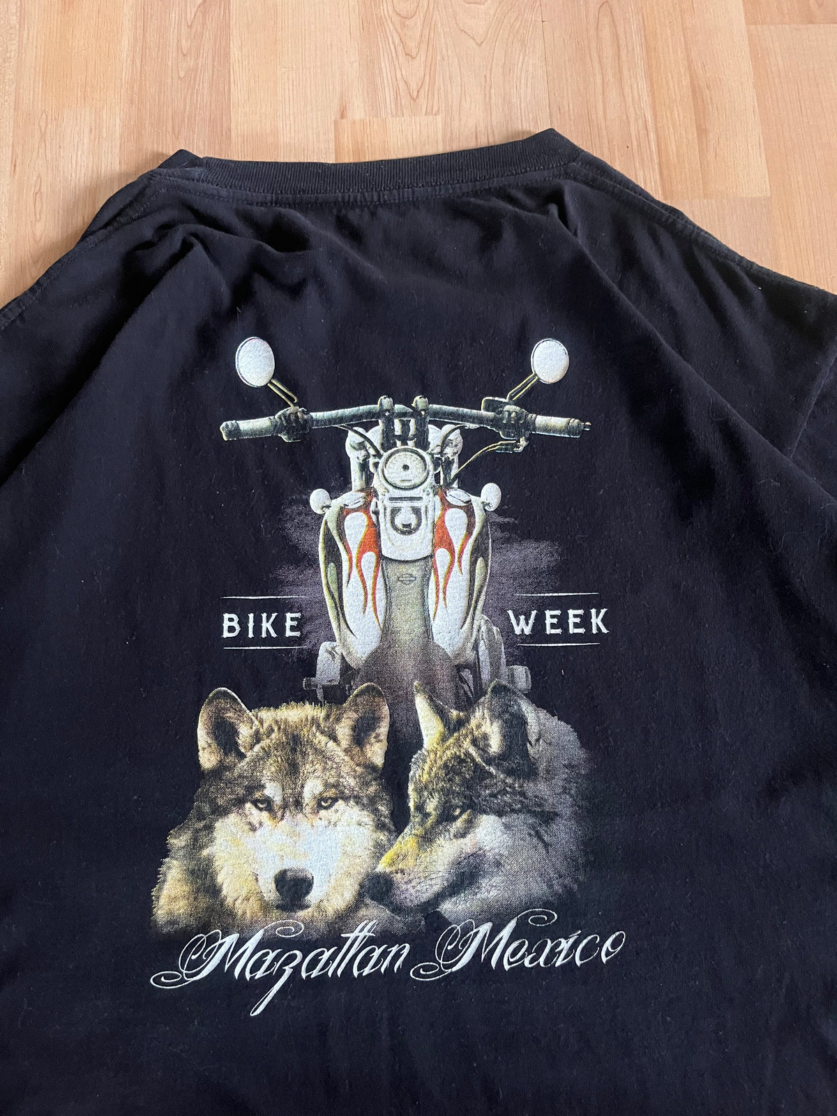 00s Black Bike Week Mazatlan Mexico Wolf Motorcycle Graphic T-Shirt (L)