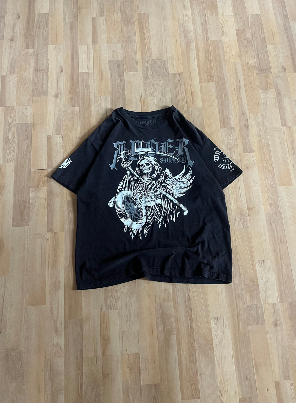 Y2K Black White Rider Crossed Scythes Heavyweight Graphic T-Shirt (XL)