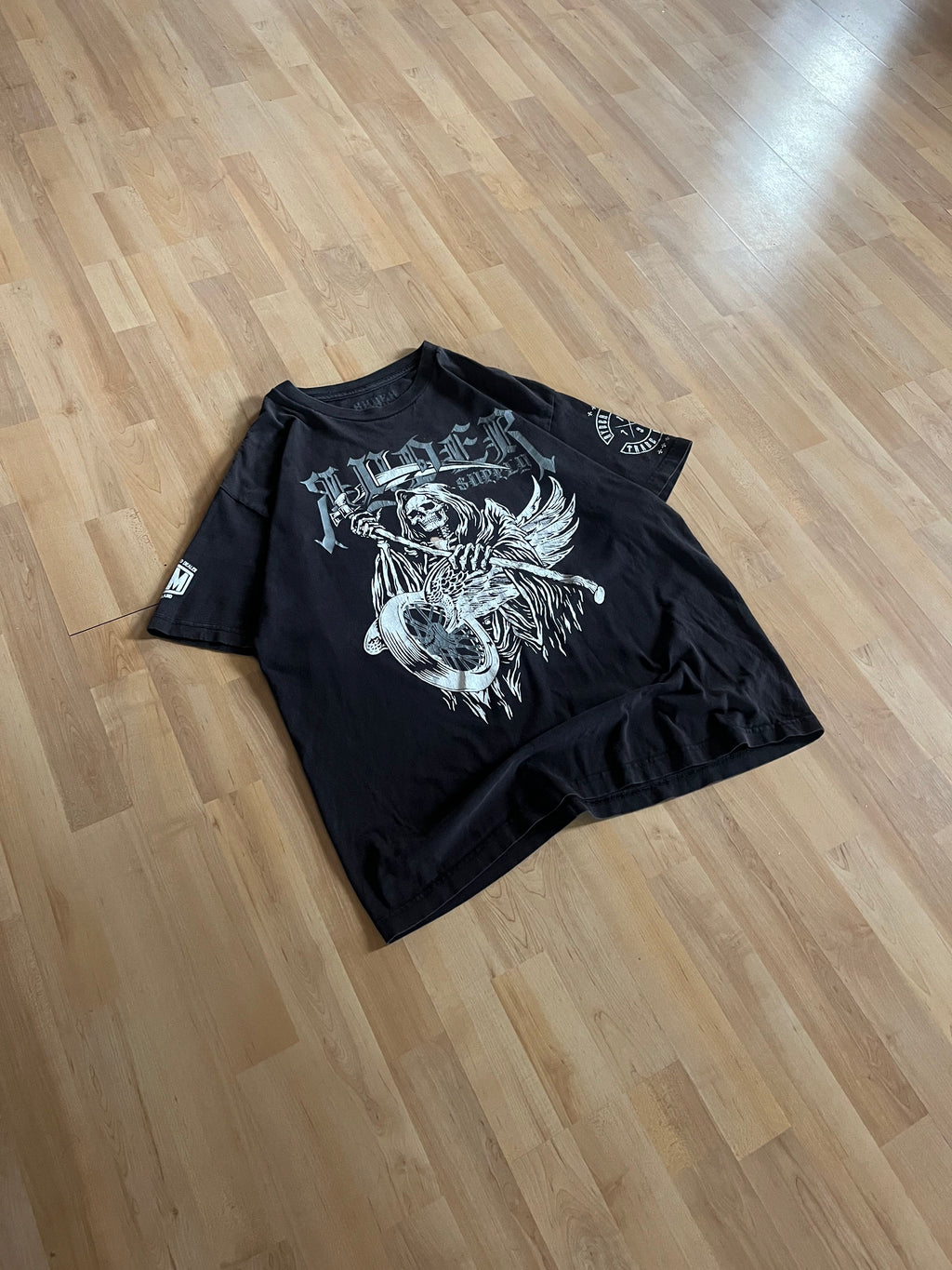 Y2K Black White Rider Crossed Scythes Heavyweight Graphic T-Shirt (XL)