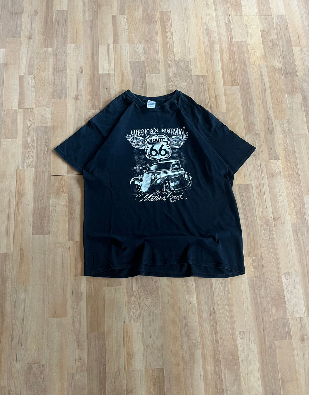 00s Black Route 66 America's Highway Vintage Car Graphic T-Shirt (XL)