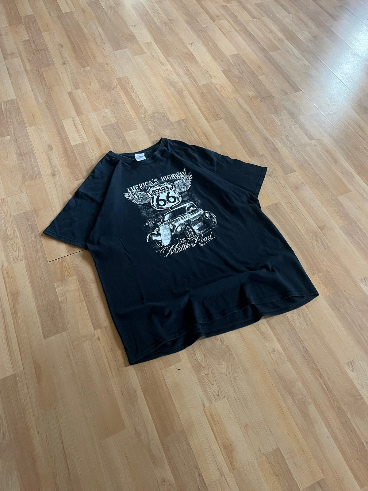 00s Black Route 66 America's Highway Vintage Car Graphic T-Shirt (XL)