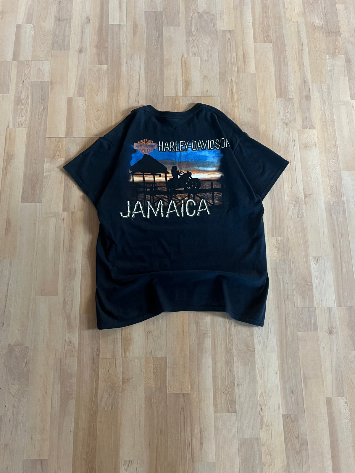 00s Black Harley Davidson Jamaica Sunset Motorcycle Graphic T-Shirt (L)