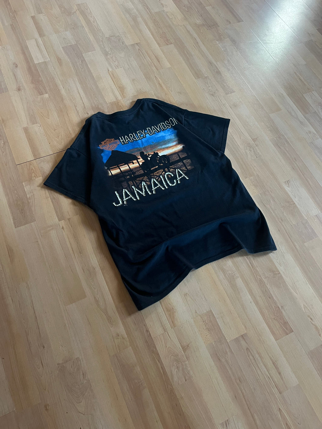 00s Black Harley Davidson Jamaica Sunset Motorcycle Graphic T-Shirt (L)