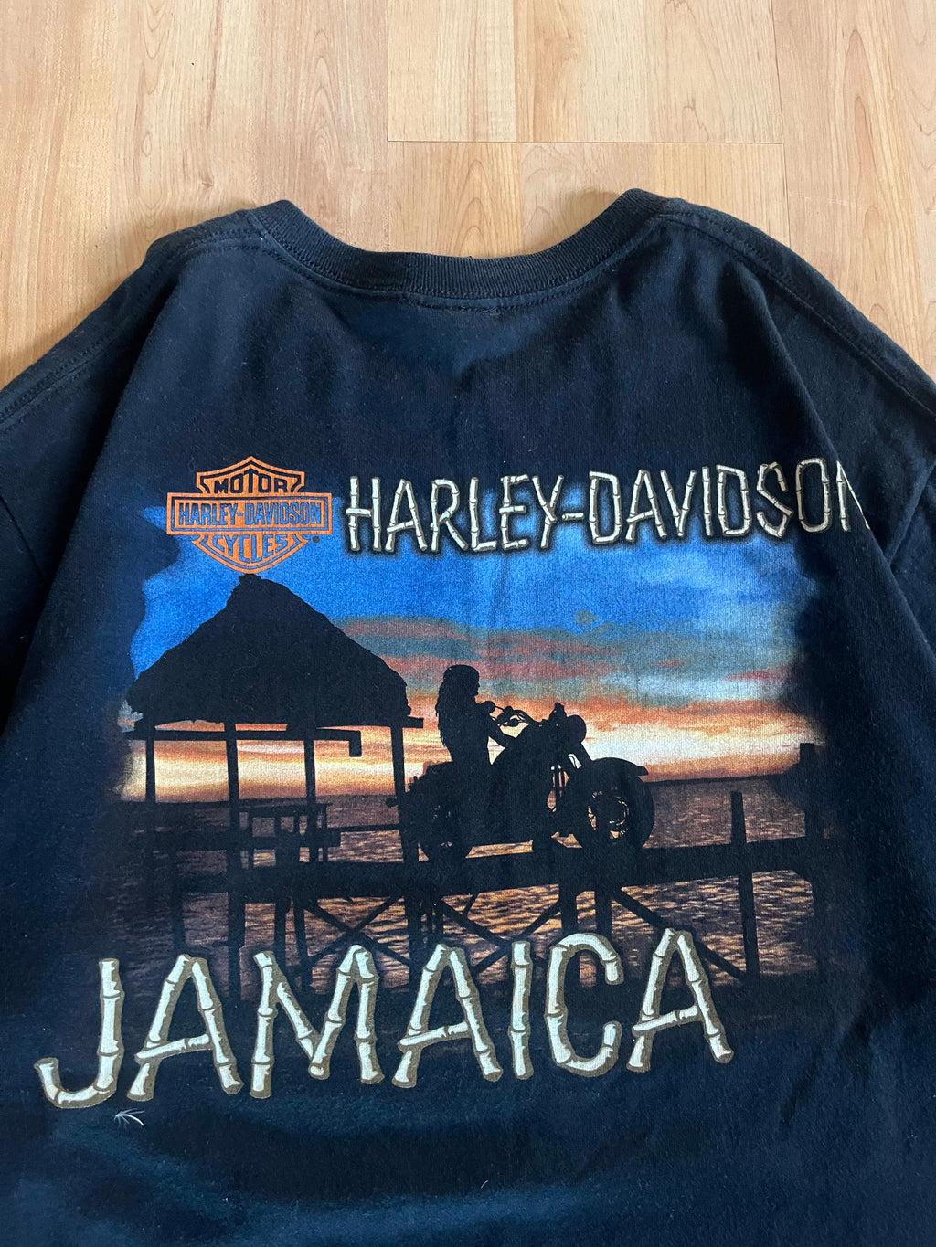 00s Black Harley Davidson Jamaica Sunset Motorcycle Graphic T-Shirt (L)