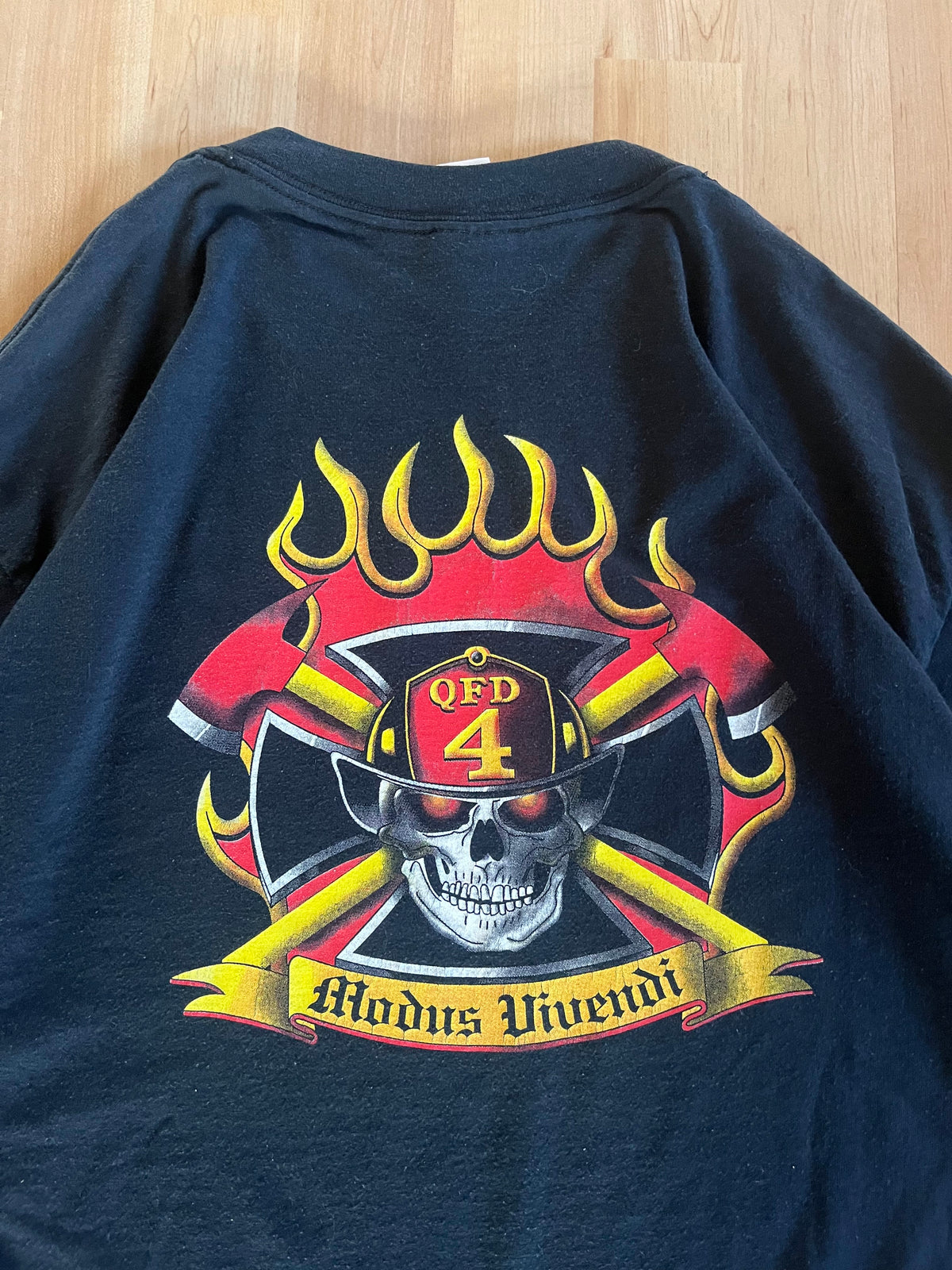 Y2K Grunge Black Heavyweight Fire Department Skull Flames Graphic T-Shirt (L)