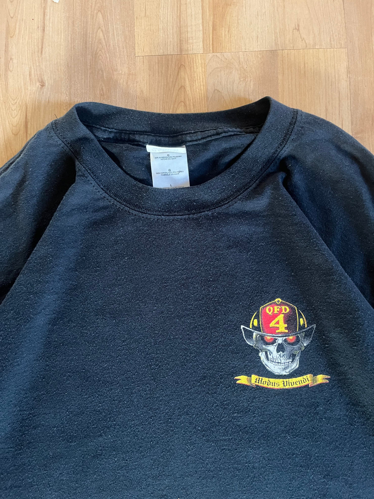 Y2K Grunge Black Heavyweight Fire Department Skull Flames Graphic T-Shirt (L)