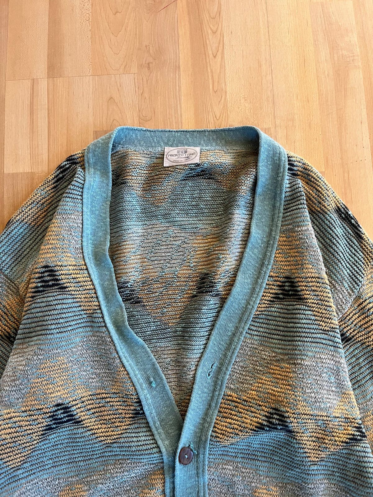 00s Teal & Beige Diamond Patterned Pronto Uomo Knit Cardigan (M)