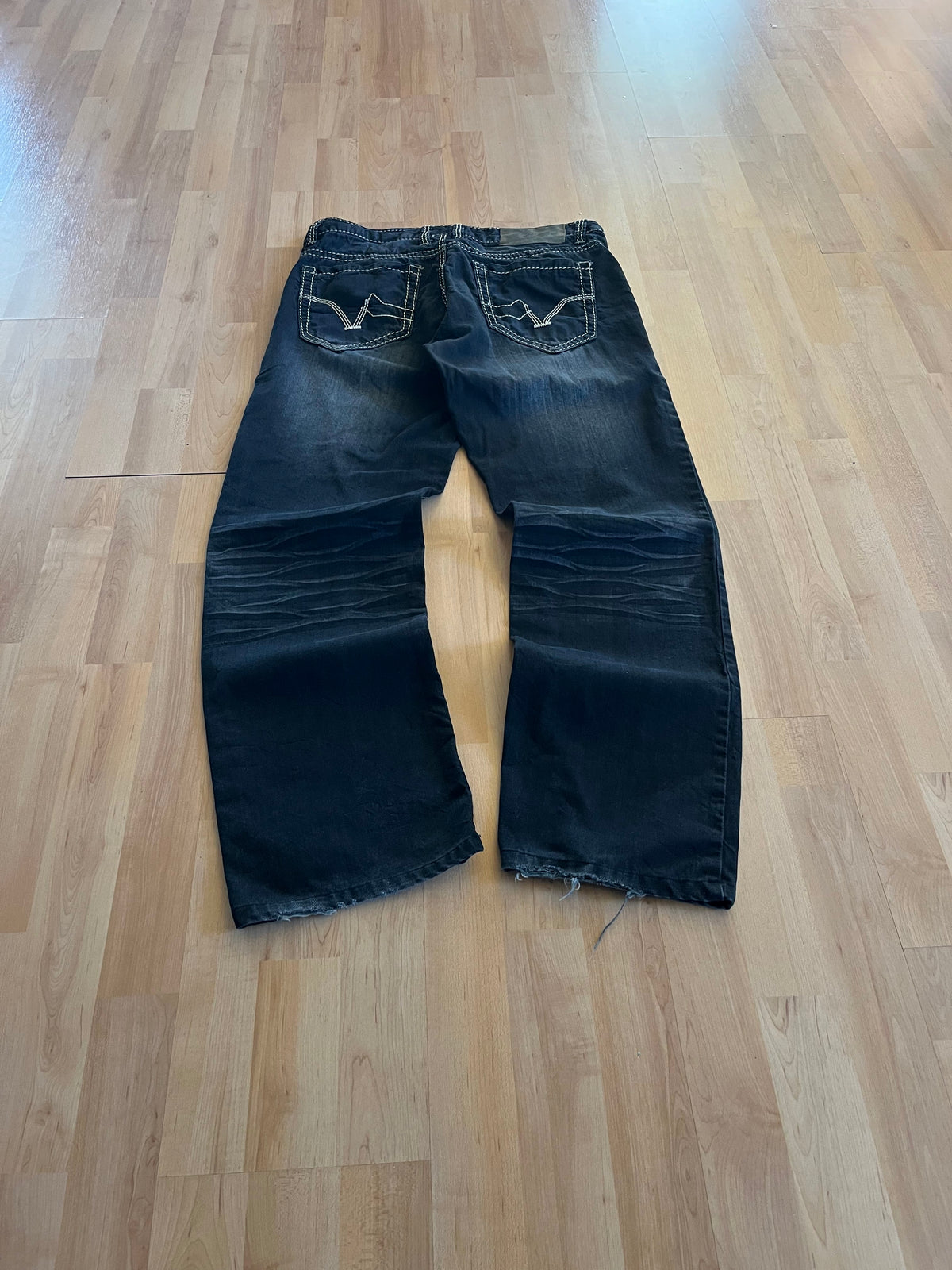 Y2K Dark Blue Faded Ring Star Baggy Denim Jeans (W33)