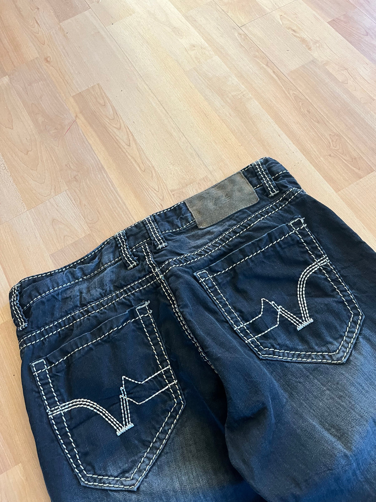 Y2K Dark Blue Faded Ring Star Baggy Denim Jeans (W33)