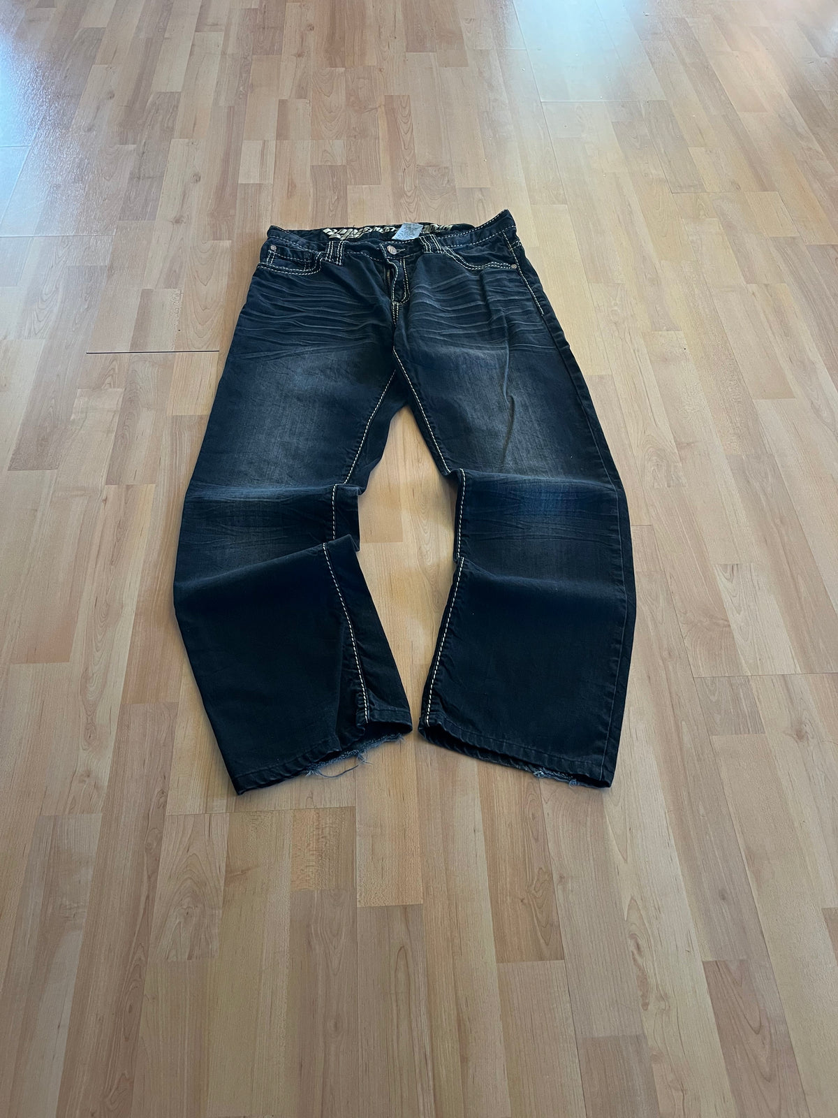 Y2K Dark Blue Faded Ring Star Baggy Denim Jeans (W33)