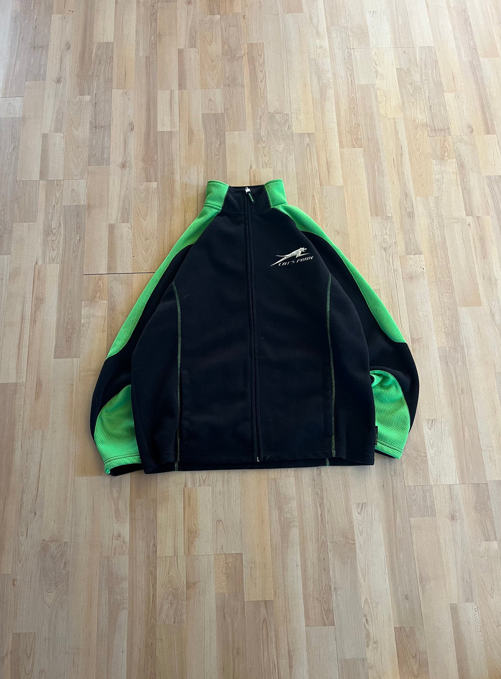00s Black & Neon Green Cat's Pride Zip-Up Fleece Jacket (XL)